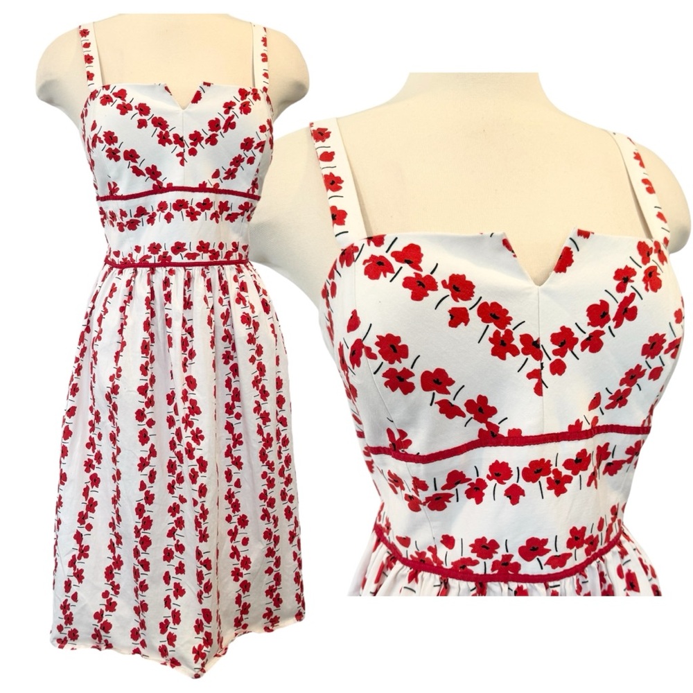 Vintage R&K Originals Red Poppy Flower White Fit and Flare Party Dress 12 L🔥